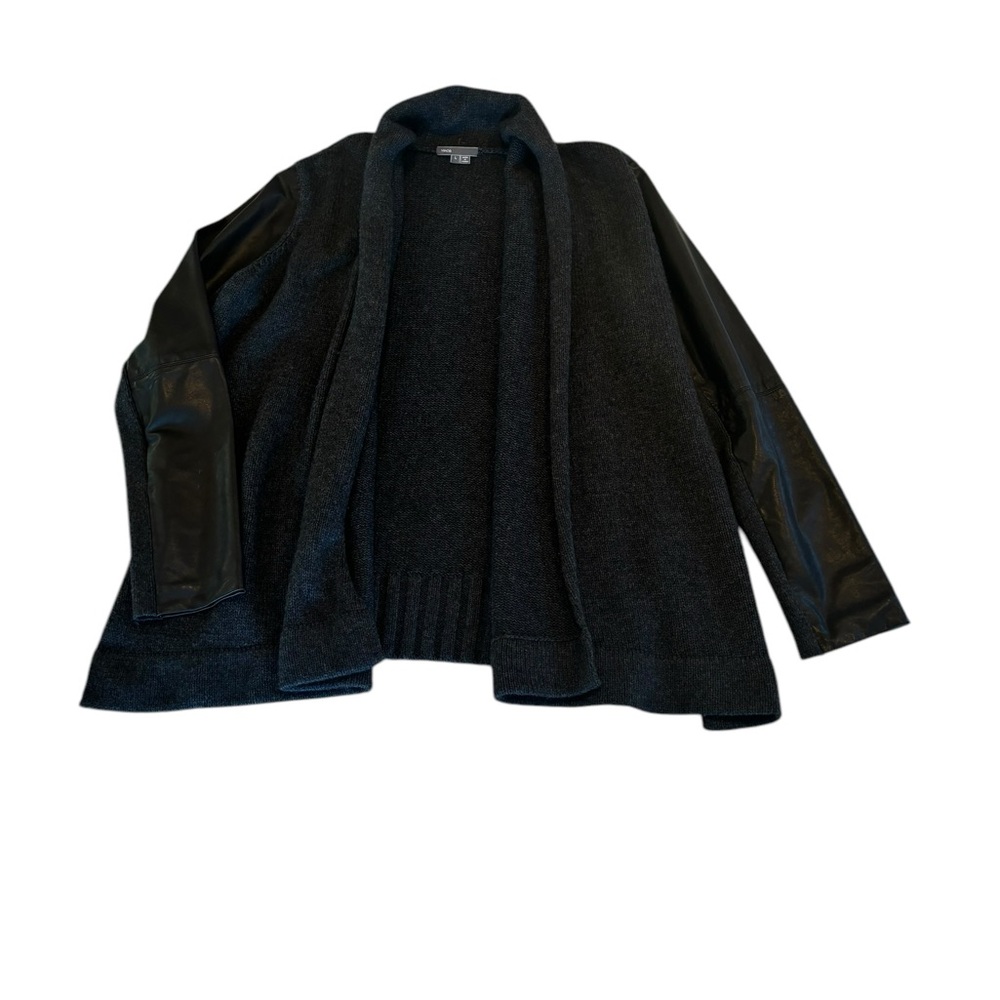 Gray Knit & Black Leather Vince Shawl Cardigan Sz Large - Picture 3 of 10